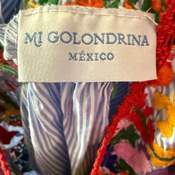 Mi Golondrina Blue Striped Dress with Colorful Embroidery - Picture 2 of 5